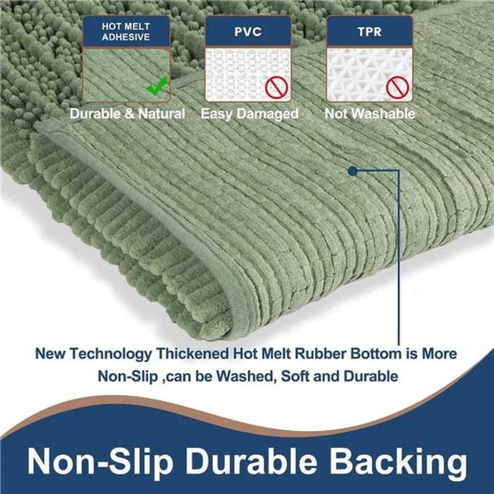 Luxury Chenille Sage Green Bathroom Rugs Sets 2 Piece, Thickened Hot Melt Rubber
